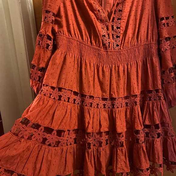 Beautiful tiered Rust colored dress. Fun party dress with full bishop sleeves - Picture 2 of 4